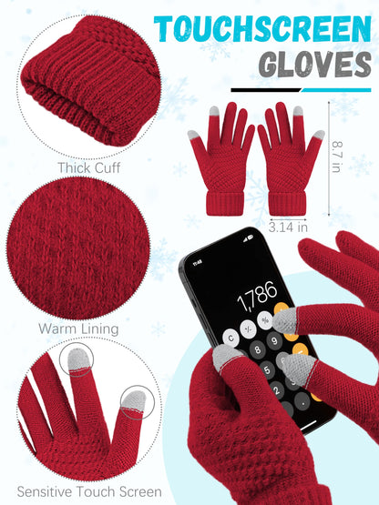Winter Hat Scarf Gloves and Ear Warmer, Knit Warm Beanie Hat Touch Screen Gloves Long Knitted Plaid Scarf Set Gifts for Women Red