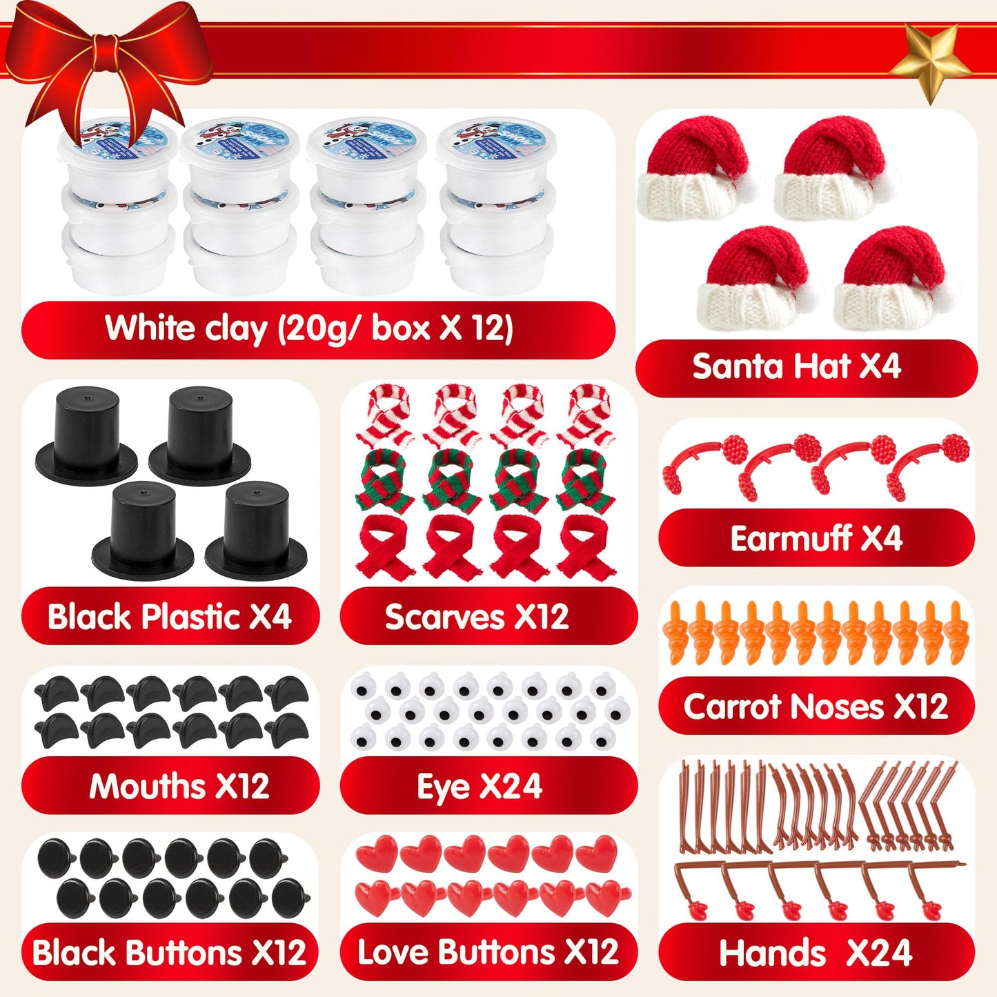JOYIN Christmas Build a Snowman Craft Kit, 12 Pack Modeling Clay DIY Make a Snowman Kit for Christmas Arts and Craft Activities, Xmas Gift Stocking Stuffers for Kids, School Funny Toy Party Favor
