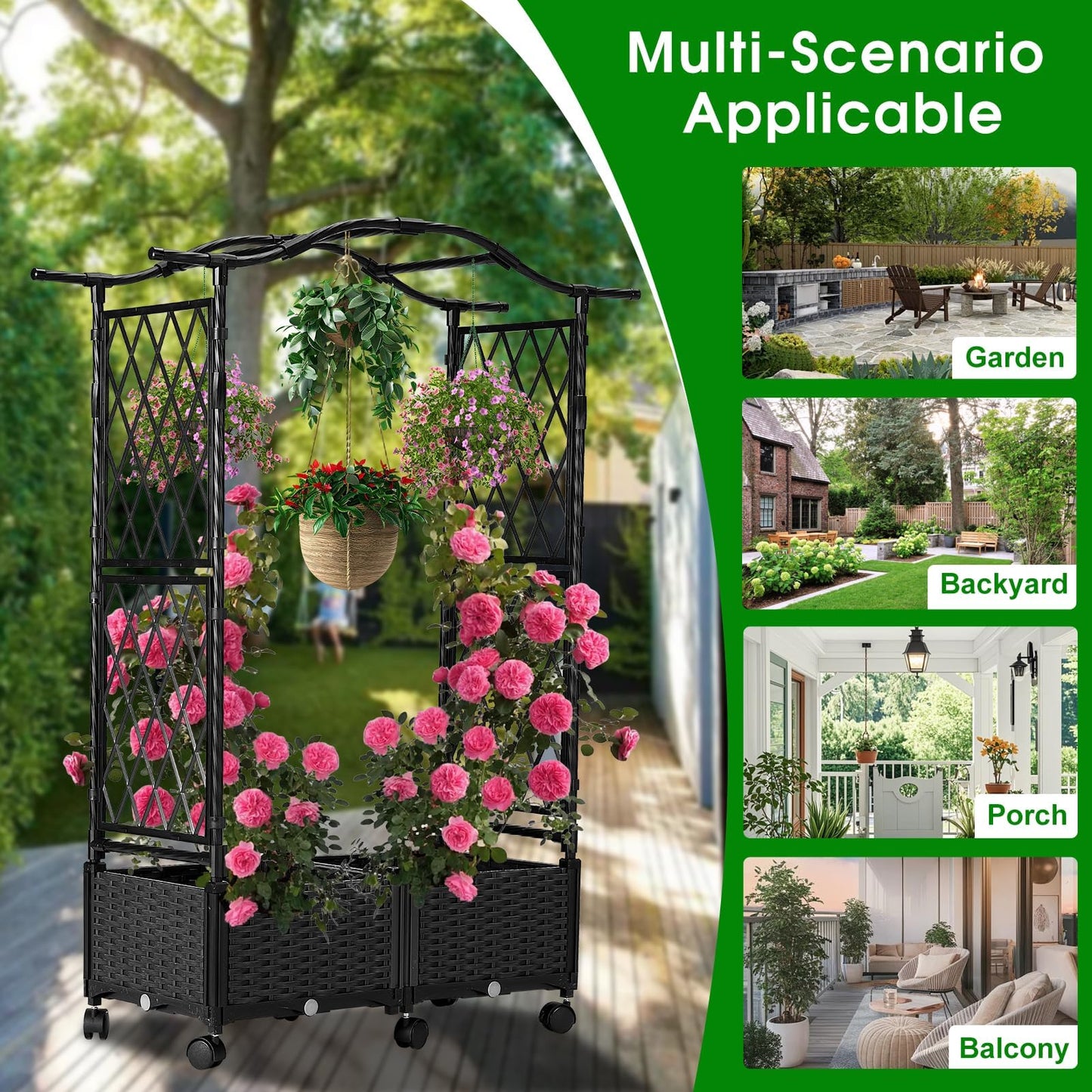 yotoworth Planter Box with Trellis Outdoor, Plastic Raised Garden Bed Trellis Planter Box with Wheels and Drainage Hole for Patio Balcony Backyard Indoor Flower Vegetable Tomato, Black