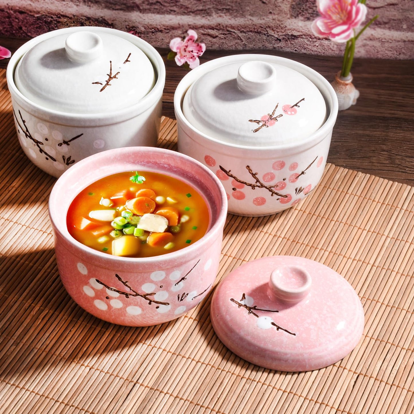 Whitenesser Ceramic Stew Bowl and Condiment Pot Set with Lid and Spoon Set of 2, Multi-Use Hand-Painted Plum Blossom Seasoning Container for Stew, Soup, Salt and Sugar