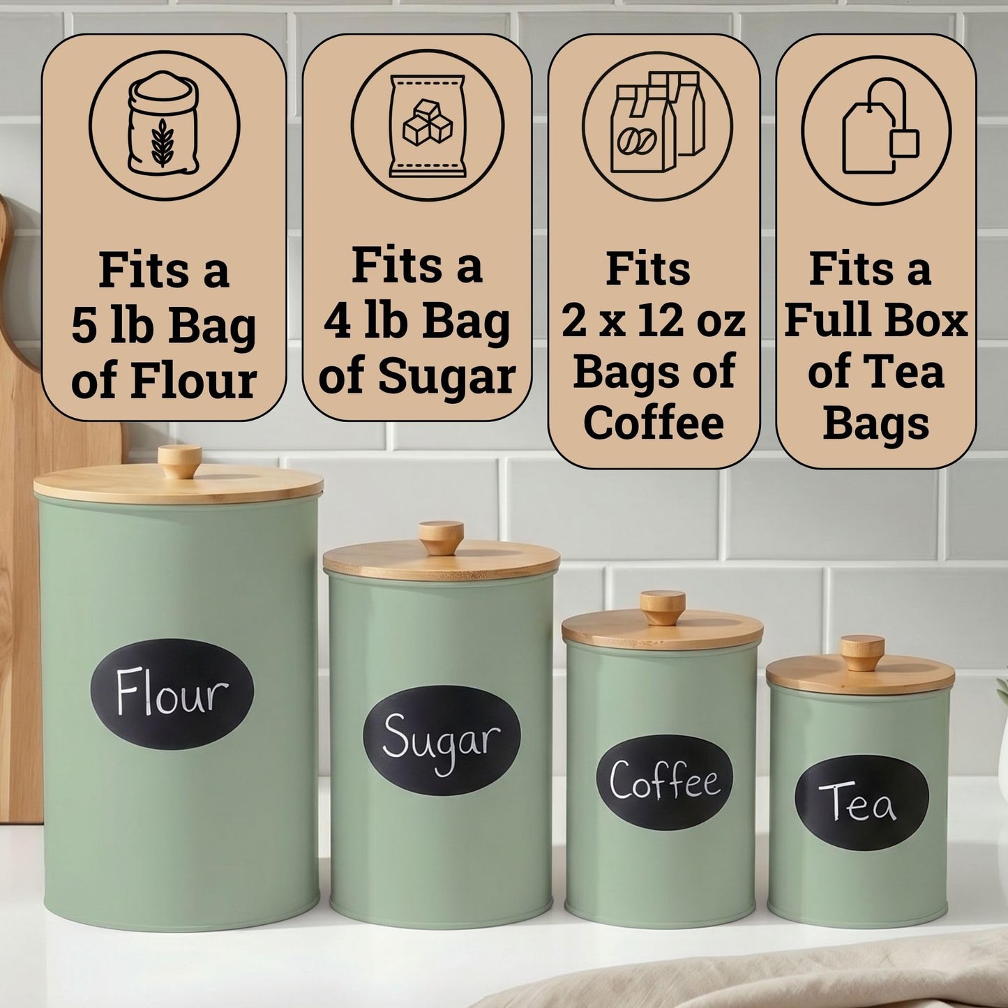 Kitchen Canisters for Countertop Set of 4 with Customizable Chalkboard Labels & Marker Pen - Big Iron Kitchen Canisters with Airtight Lids - Sage Green Canister Set - Flour and Sugar Containers