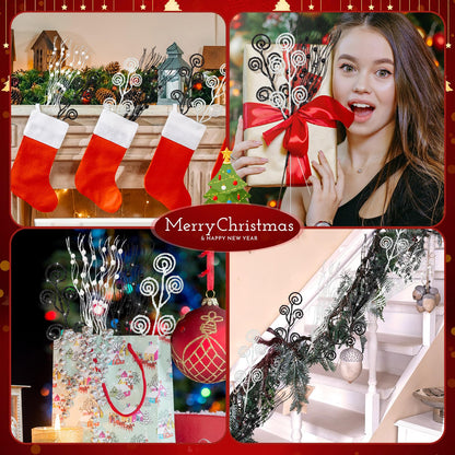Daifunli 36 Pcs Black White Christmas Tree Picks and Sprays Ornaments 17'' 12'' Artificial Glitter Christmas Berry Stem Stick Branches Tree Filler Topper for Xmas Wreath Vase Home Decoration