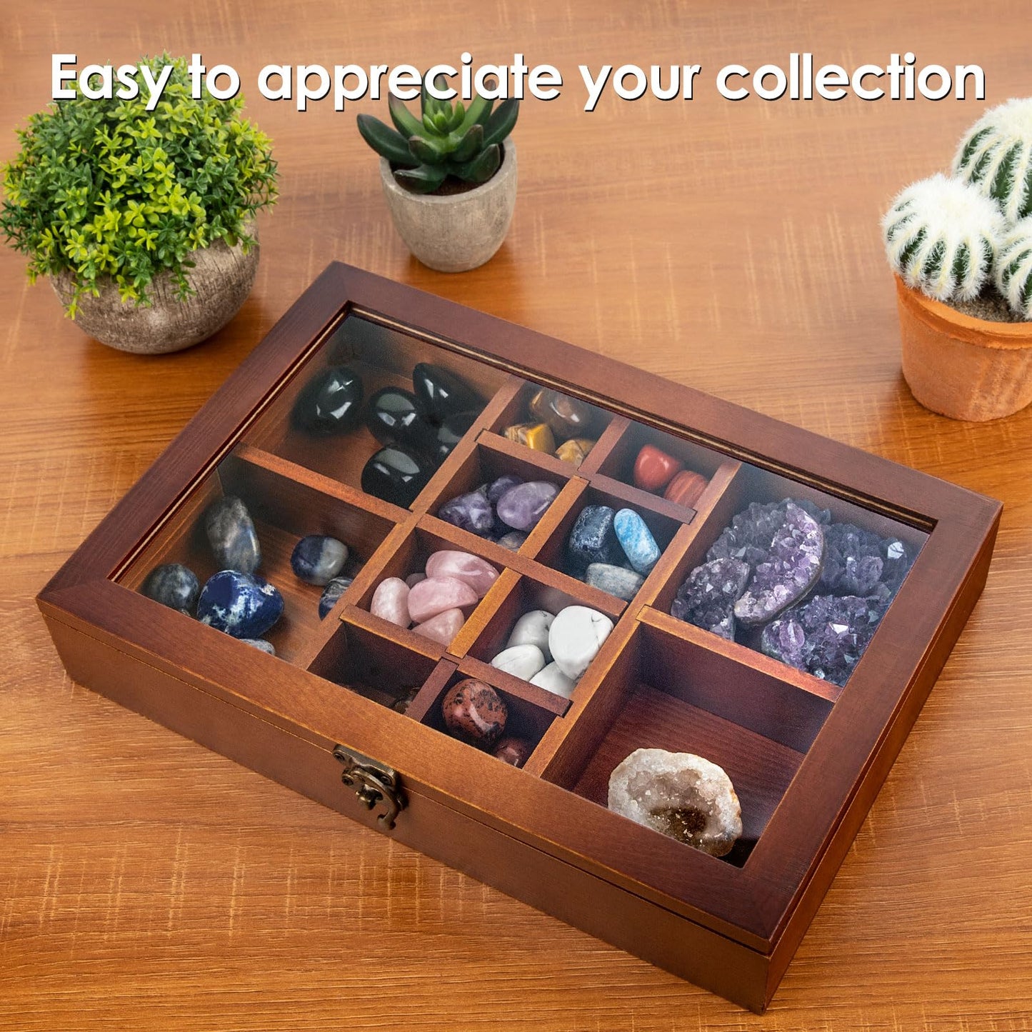 Mooncraftlogy Adjustable Rock Display Case, Crystal Collection Box with Shelves, Wood Witchy Stones Organizer Storage,Gem Holder with Lid for Seashell, Collectibles, Wiccan Gift (Brown)