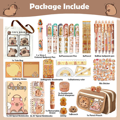 DHUENIOPE Capybara Gifts with Capybara Themed Tote Bag and Stationery Set Pencil Case Sticky Notes Ballpoint Pens Spiral Notebooks Sharpener, Highlighters, Ruler, Eraser for Rewards Birthdays Gift