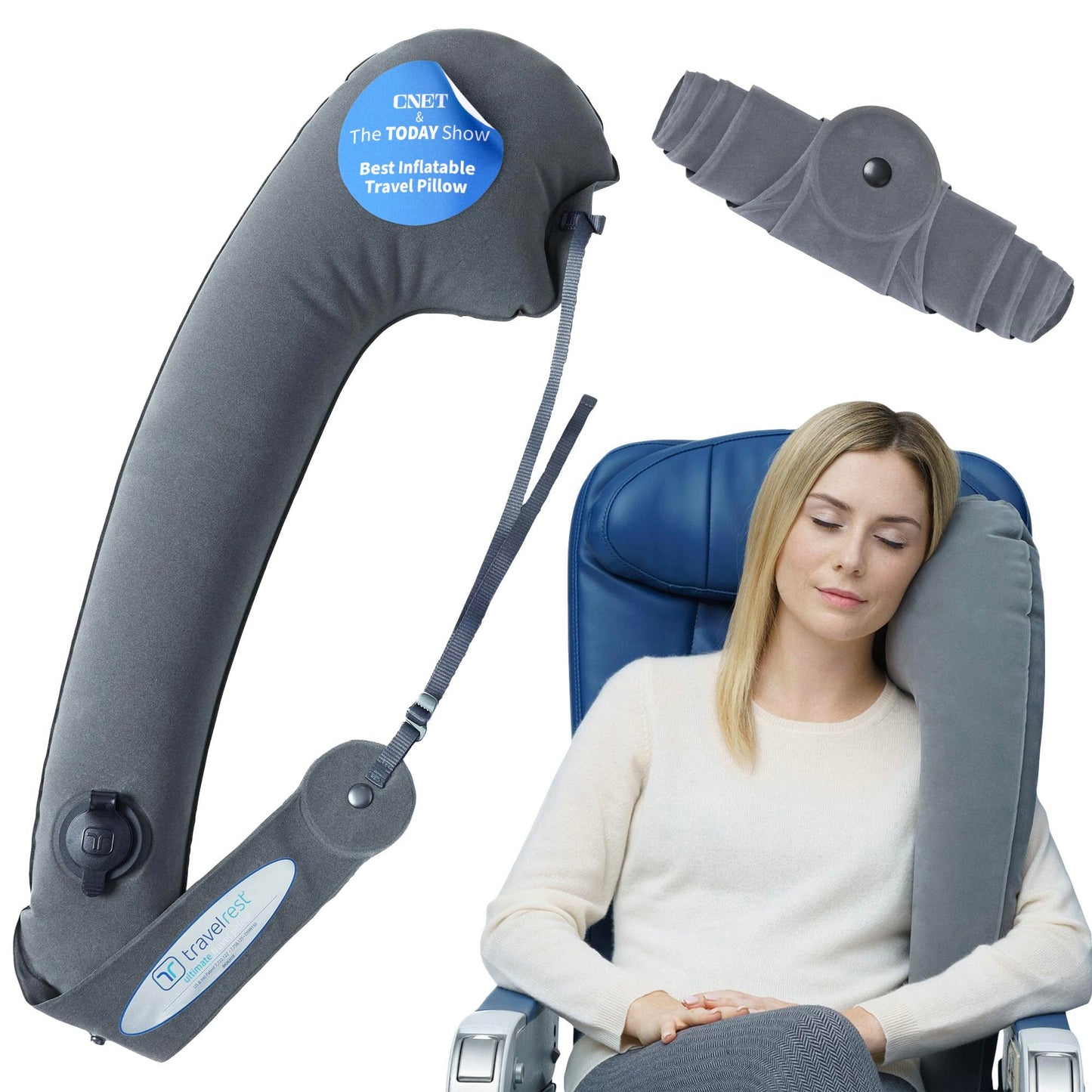 TRAVELREST Ultimate Travel Neck and Body Pillow - Unparalled Support Design, Essentail for Bus, Train, Airplane, Office, Wheelchairs, Comfort and Support, Rolls Up, Straps to Airplane Seat & Car- Grey
