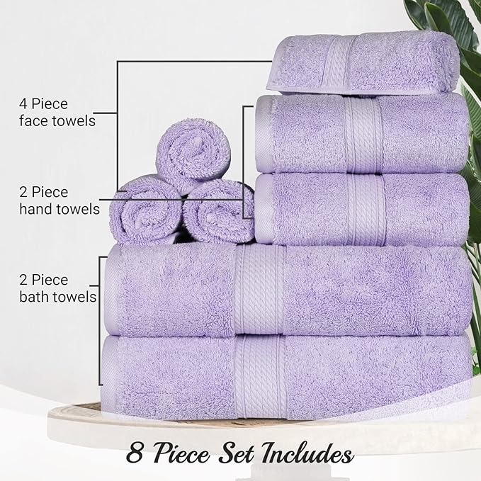 SUPERIOR Egyptian Cotton Pile 8 Piece Towel Set, Includes 2 Bath, 2 Hand