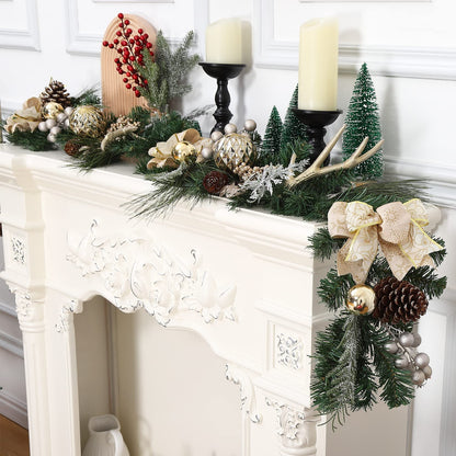 Adeeing Christmas Garland with Lights, Champagne Gold 6FT 20LED Pre-Lit Christmas Garland with Ball Ornaments, Ribbons, Pine Cones and Artificial Antlers for Door Mantle Stairs Christmas Decoration