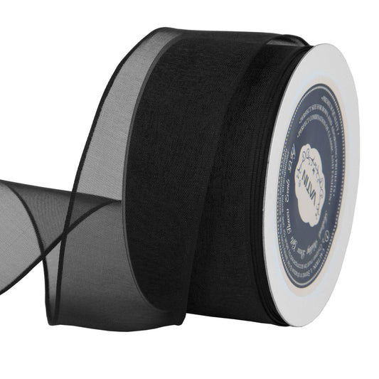 VATIN Black Organza Wired Ribbon, 1-1/2" Black Sheer Ribbon with Metallic Edge for Christmas Tree Decoration Gift Wrapping Wedding Crafts -25 Yards