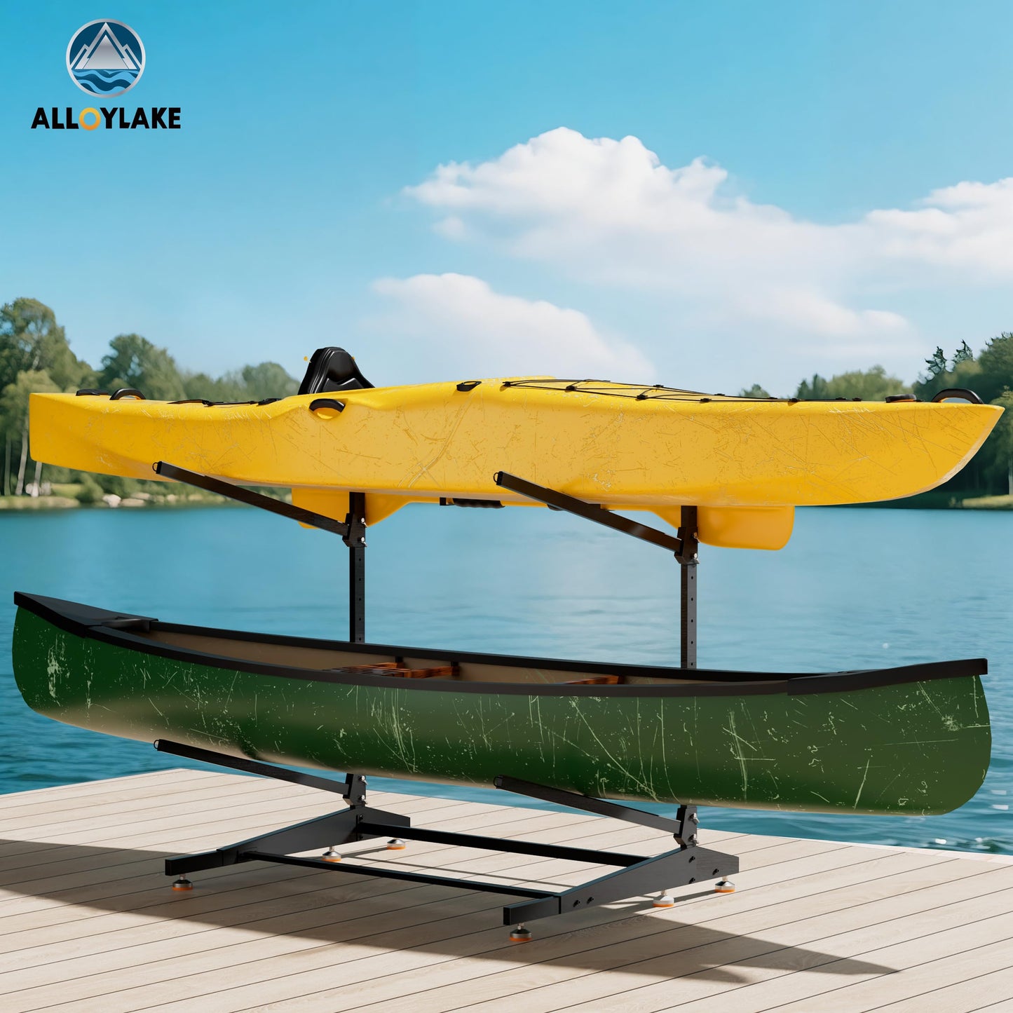 AlloyLake Freestanding Kayak Storage Rack, 2-Tier Heavy Duty Outdoor Canoe Stand for Garage & Dock, Holds 220 lbs, Rust-Proof 304 Stainless Steel Hardware (Black)