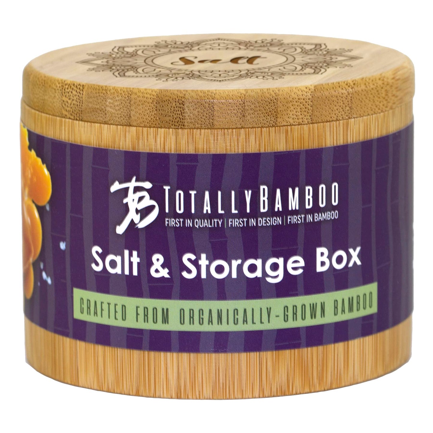 Totally Bamboo Salt Cellar Bamboo Storage Box with Magnetic Swivel Lid, 6 Ounce Capacity, Mandala Flower Engraved on Lid