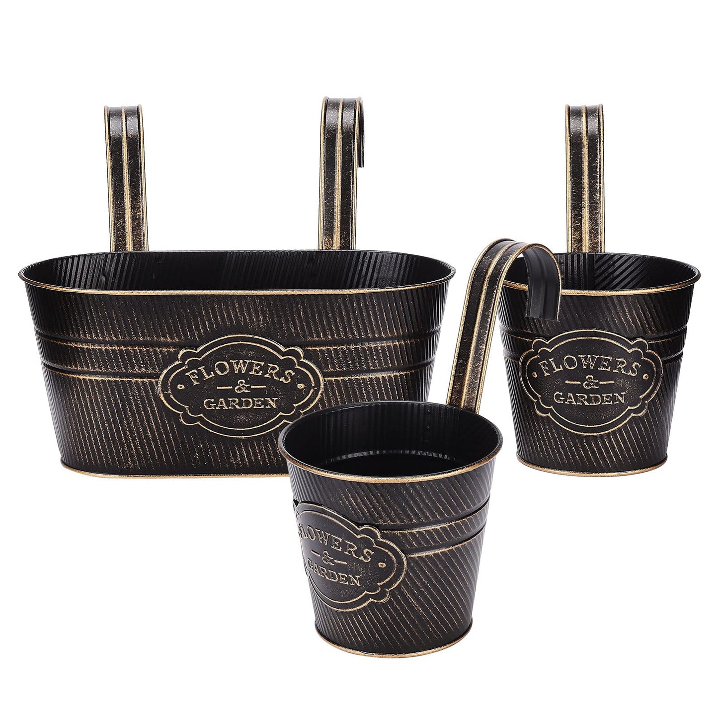 PerGar 3 Pack Metal Railing Planter Box Outdoor, 10.6" Hanging Flower Pots with Detachable Hooks & Drainage Holes, Rail Planter Boxes for Balcony Deck Porch Fence Garden Home Decoration, Black
