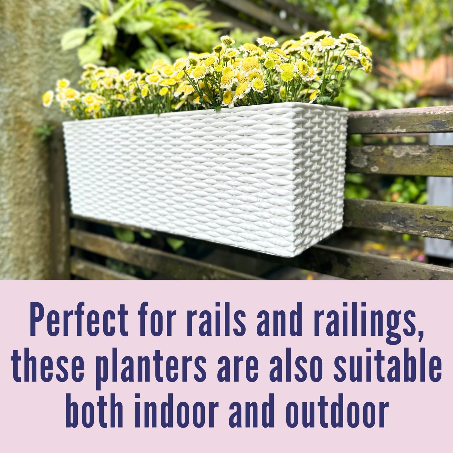 LaLaGreen Outdoor Rail Planter for Balcony (20 Inch, 2 Pack) Large White Self Watering Railing Planters with Brackets, Rectangular Plastic Fence Modern Window Boxes Designer Choice with Rattan Pattern
