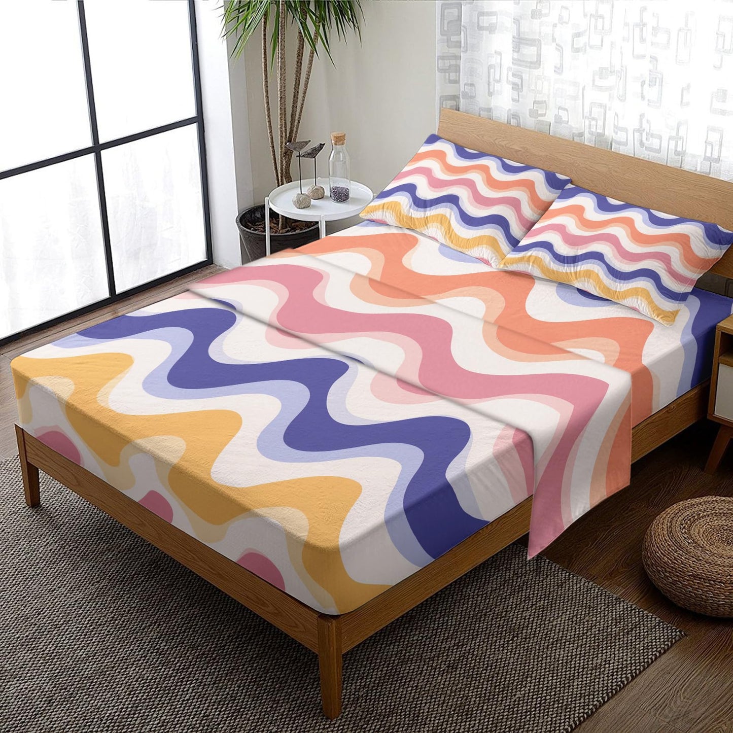 NOGAWA 70s Retro Sheets Full, Abstract Waves Bed Sheets, Colorful Bedding Sheets, Soft Microfiber Deep Pocket Fitted Sheet, Flat Sheet, 2 Pillowcases
