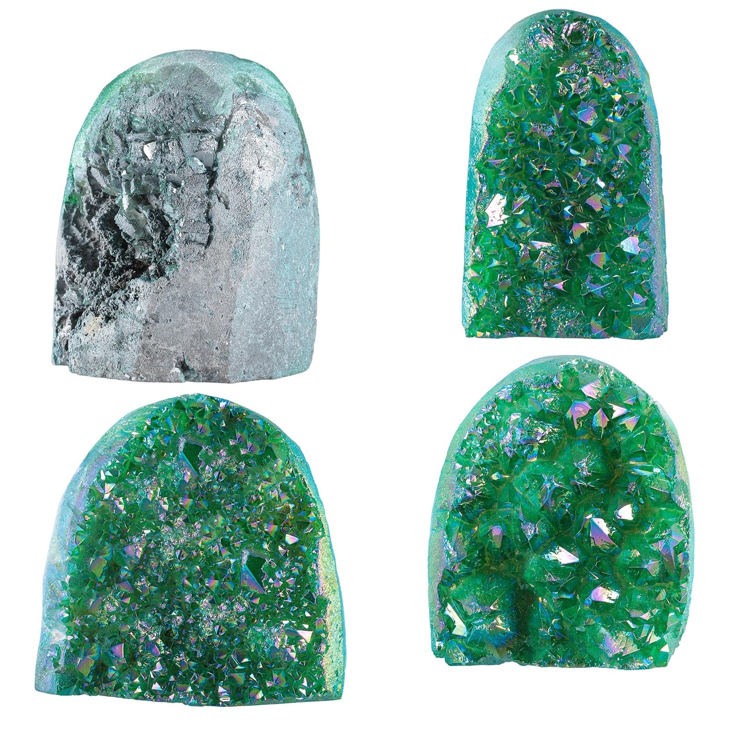 Nupuyai Rainbow Titanium Coated Crystal Geode Cluster Irregular Raw Rock Quartz Stone Mineral Specimen for Home Office Decor Feng Shui, Green