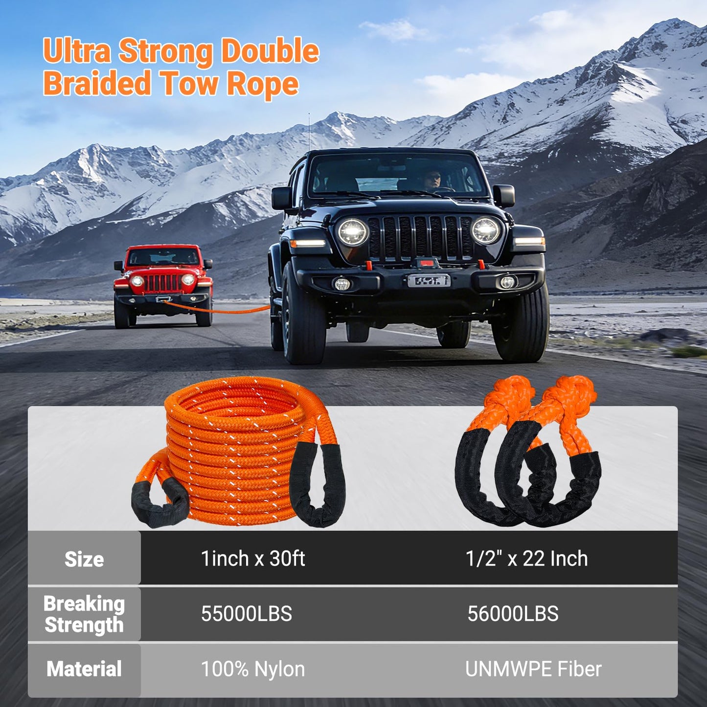 Kinetic Recovery Tow Rope Kit - 1" x 30ft 55000LBS Tow Strap with 2 Soft Shackles, Heavy Duty Kinetic Recovery Rope for Off-Road Vehicle, Jeep, Truck, SUV, UTV, ATV - Orange