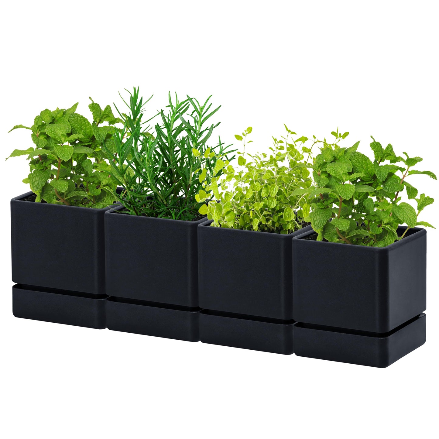 D'vine Dev 4 Inch Herb Planter Pot, Plastic Planter with Drainage Holes and Saucer, Modern Decorative Gardening Pot for Indoor Plants, Flowers, Herbs, Succulents, Black, Set of 4, 76-Y-B4-1