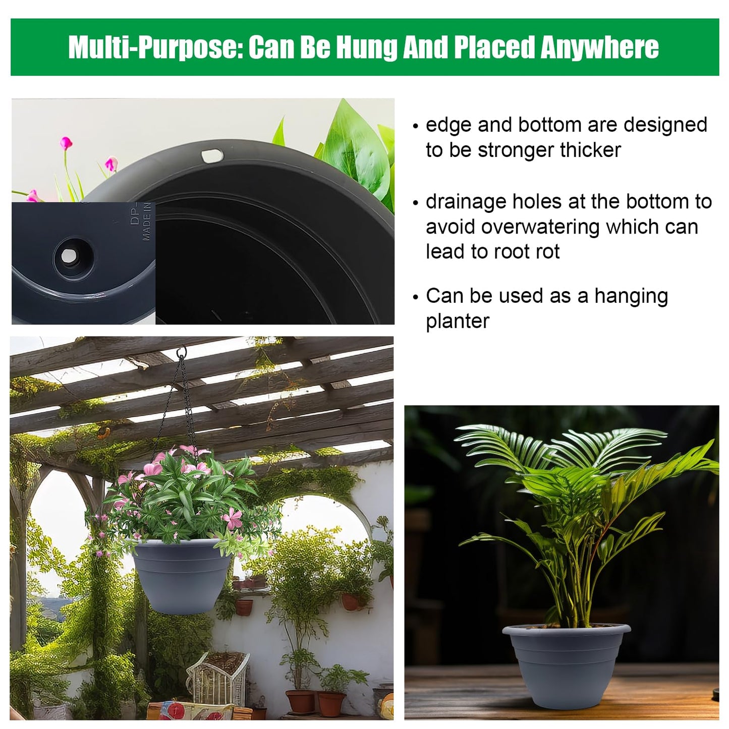 RooTrimmer 5 Pack 10 Inch Plant Pots for Indoor Outdoor,Plastic Floor Planters with Drainage Holes,Lightweight Flower Pots for Home,Patio & Garden(Grey)