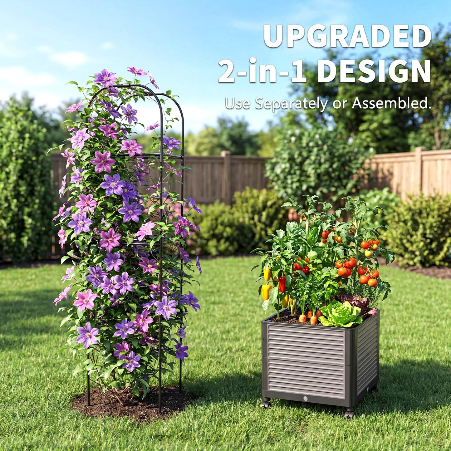 UrGROWA Raised Garden Bed Planter Box with Trellis, 61''H Tomato Planters for Climbing Plants Vegetable Vine Flowers Outdoor Patio Tomato Cage, Self Watering Planter with Wheels