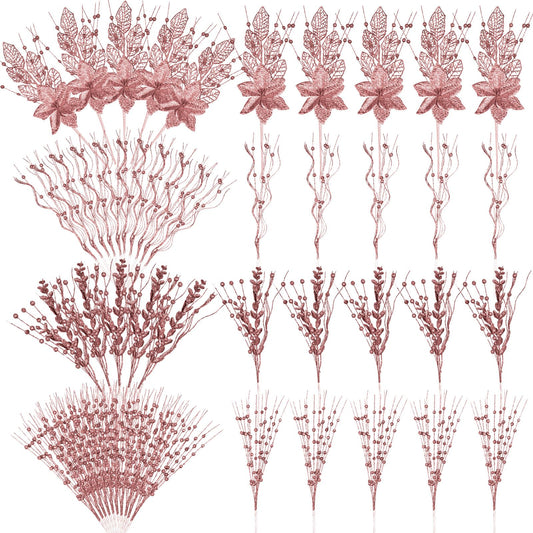 Syhood 30 Pack Holiday Vase Picks and Sprays Glitter Artificial Poinsettia Flower Berry Stems Ornaments Tree Picks Branches Curly Wispy Twigs Sticks for DIY Craft Wreath Decor(Rose Gold)
