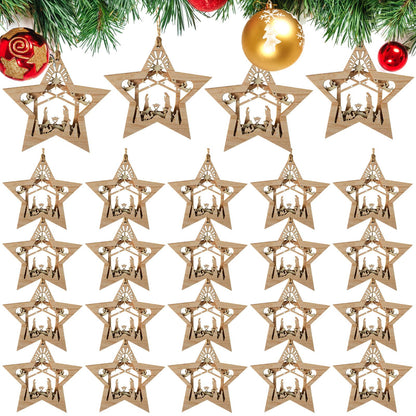 Blulu 24 Pieces Christmas Nativity Scene Ornaments Gift Set Bulk 3D Christian Wooden Hanging Ornament Xmas Tree Nativity Ornament The Birth of Jesus Story Religious Gift for Family (Star Shaped)