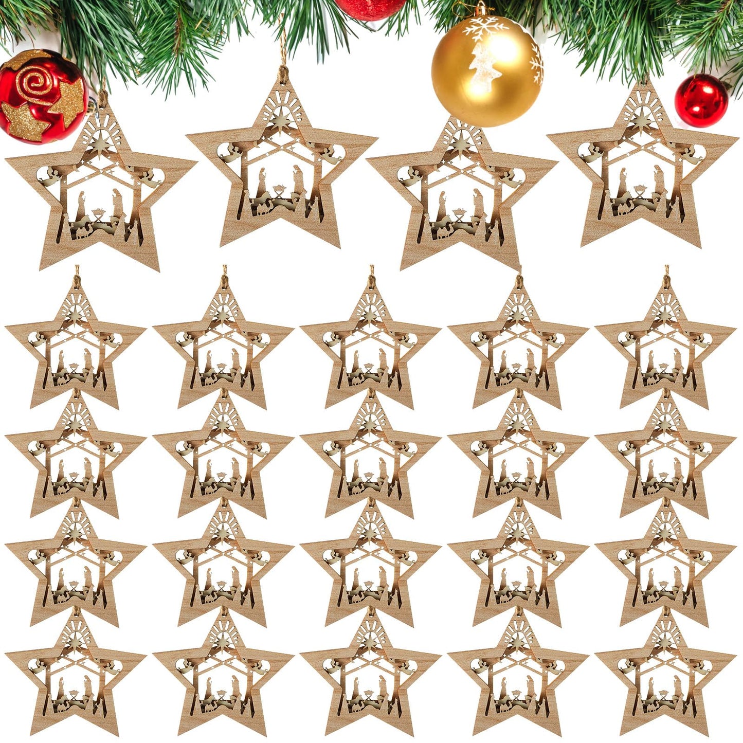 Blulu 24 Pieces Christmas Nativity Scene Ornaments Gift Set Bulk 3D Christian Wooden Hanging Ornament Xmas Tree Nativity Ornament The Birth of Jesus Story Religious Gift for Family (Star Shaped)