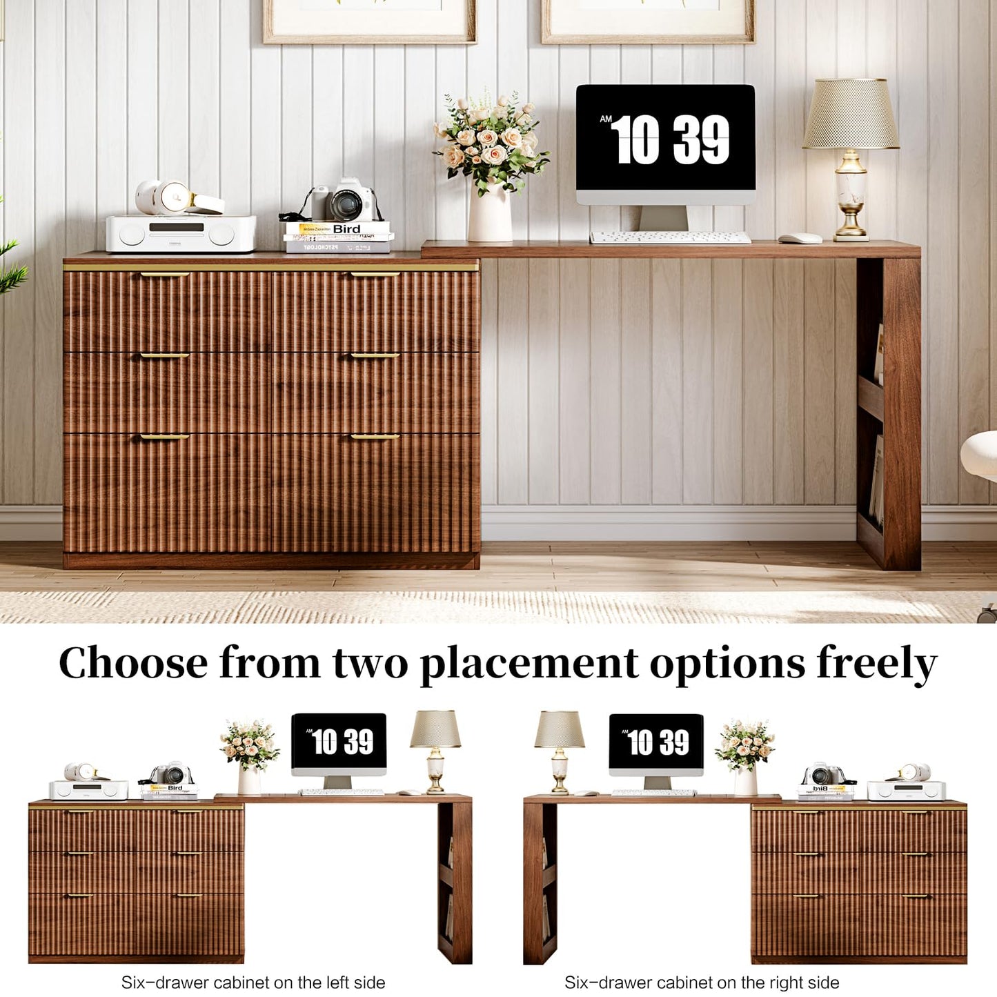 Ieejdn Computer Desk with 6 Drawers, 78" Modern Writing Desk with 0.98" Thickened Desktop & Storage Shelves, Adjustable direction & Extendable Executive Office Desk Study Table for Home Office, Walnut
