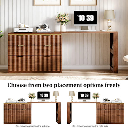 Ieejdn Computer Desk with 6 Drawers, 78" Modern Writing Desk with 0.98" Thickened Desktop & Storage Shelves, Adjustable direction & Extendable Executive Office Desk Study Table for Home Office, Walnut