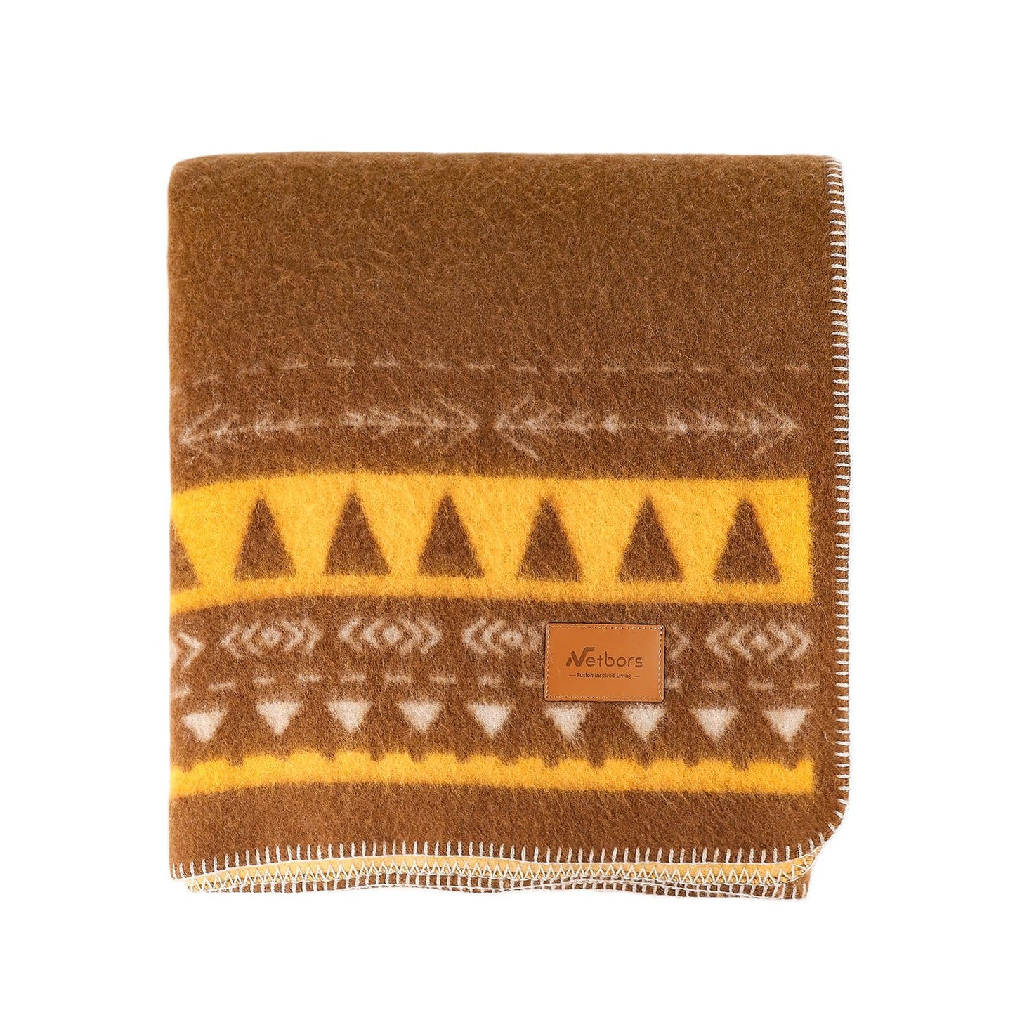 Netbors 100% New Zealand Wool Luxury Throw Blanket, Super Soft Warm Durable for Outdoor Camping and Home Use, Decorative Tribal Blanket for Sofa and Bed, Yellow Totem, 60x70 Inches