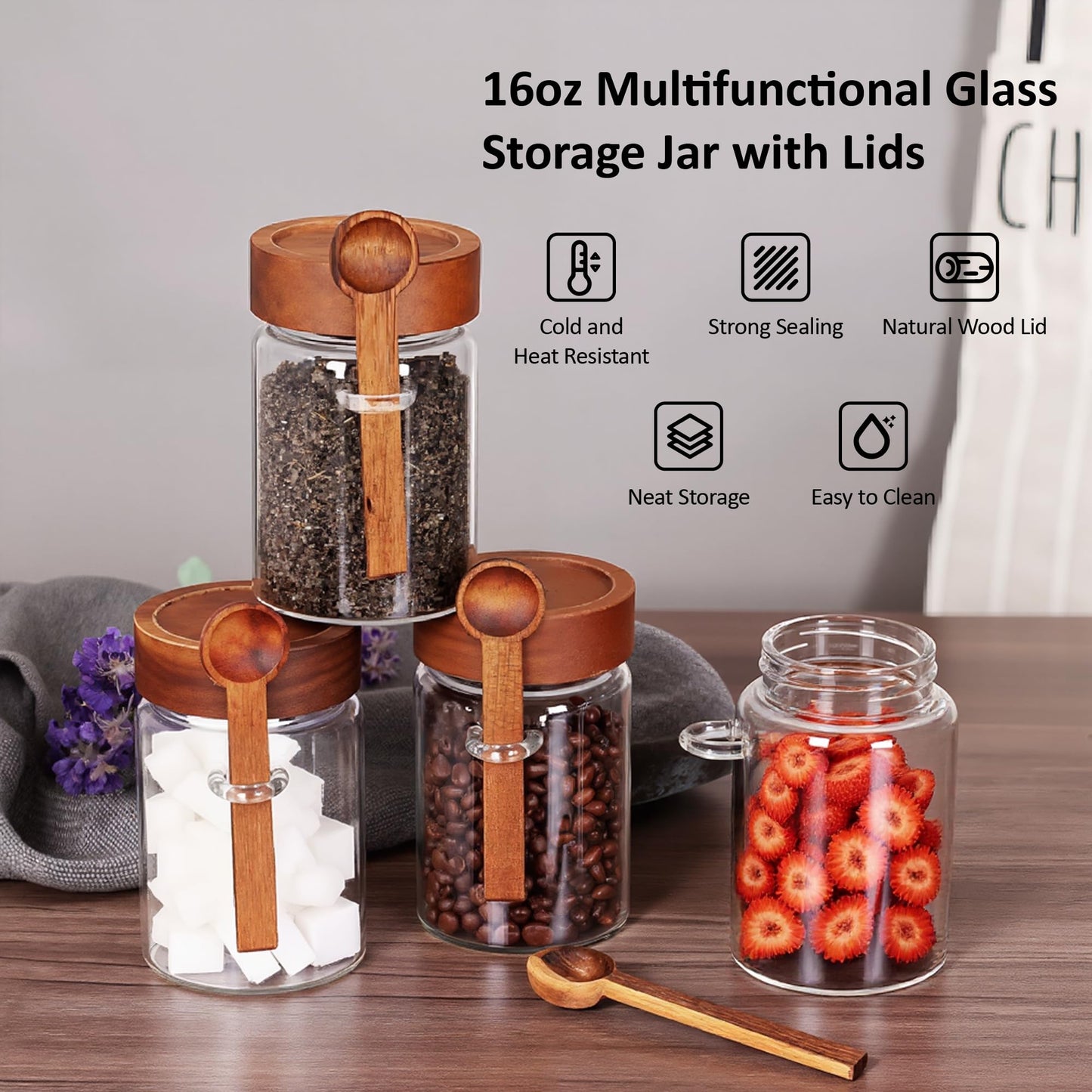 MOLADRI 18 oz/550 ml Glass Storage Canister with Airtight Wooden Lid, Clear Small Decorative Container Jar with Spoon for Salad Overnight Oats Snacks Yogurt Cereal Fruit Spice Sugar Coffee Candy Salt