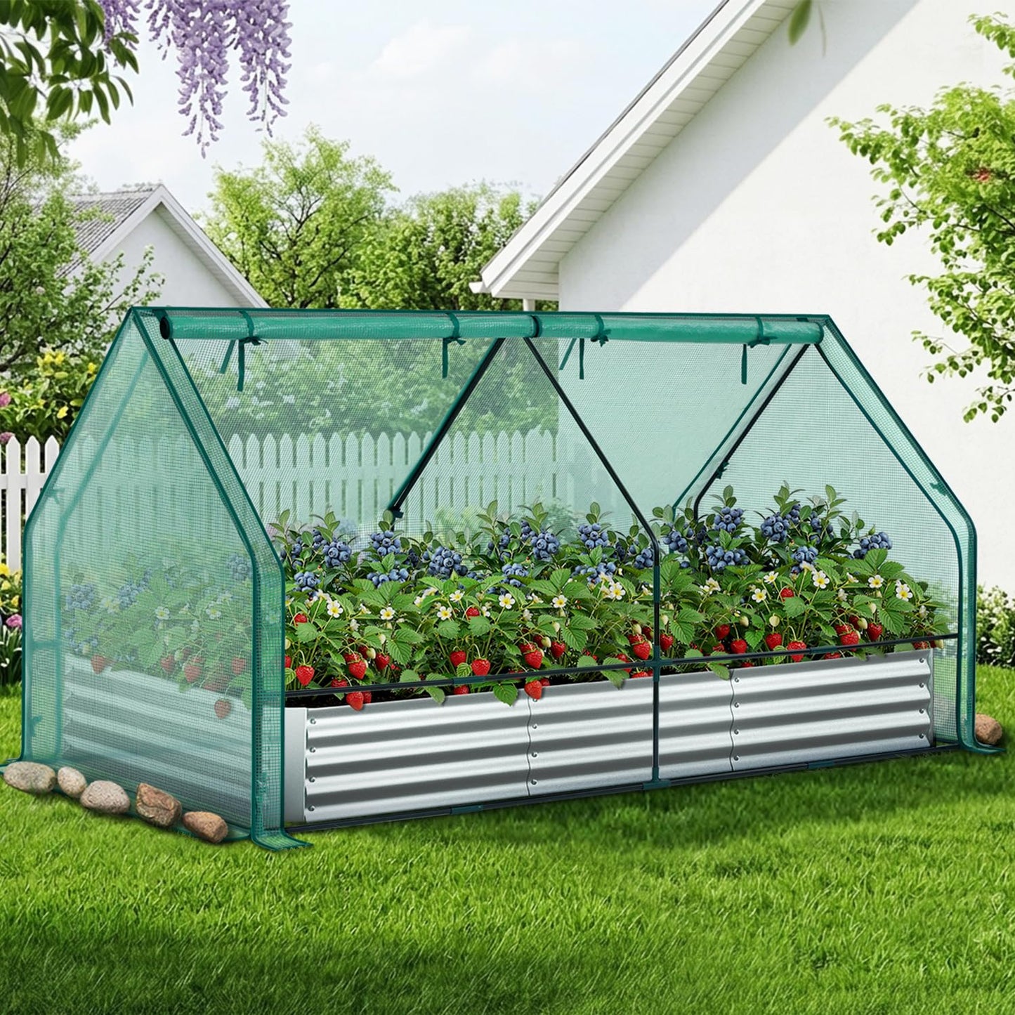 Ohuhu Raised Garden Bed with Greenhouse Cover, 8x4x1 FT Galvanized Metal Planter Box Outdoor with PE Cover, 4 Doors for Ventilation, 3-in-1 Gardening Set for Vegetable Flower Herb Succulent