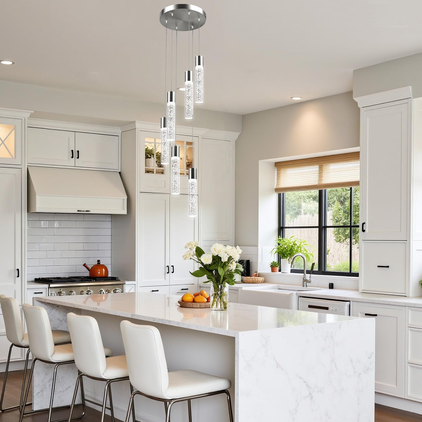 Esfos Pendant Lights Kitchen Island, 3000K-6500K Modern Kitchen Island Lights, Ceiling Lighting Fixtures with Crystal Bubble, 3 Color Integrated LED Hanging Light Brushed Nickel 1 Pack(6-Light)