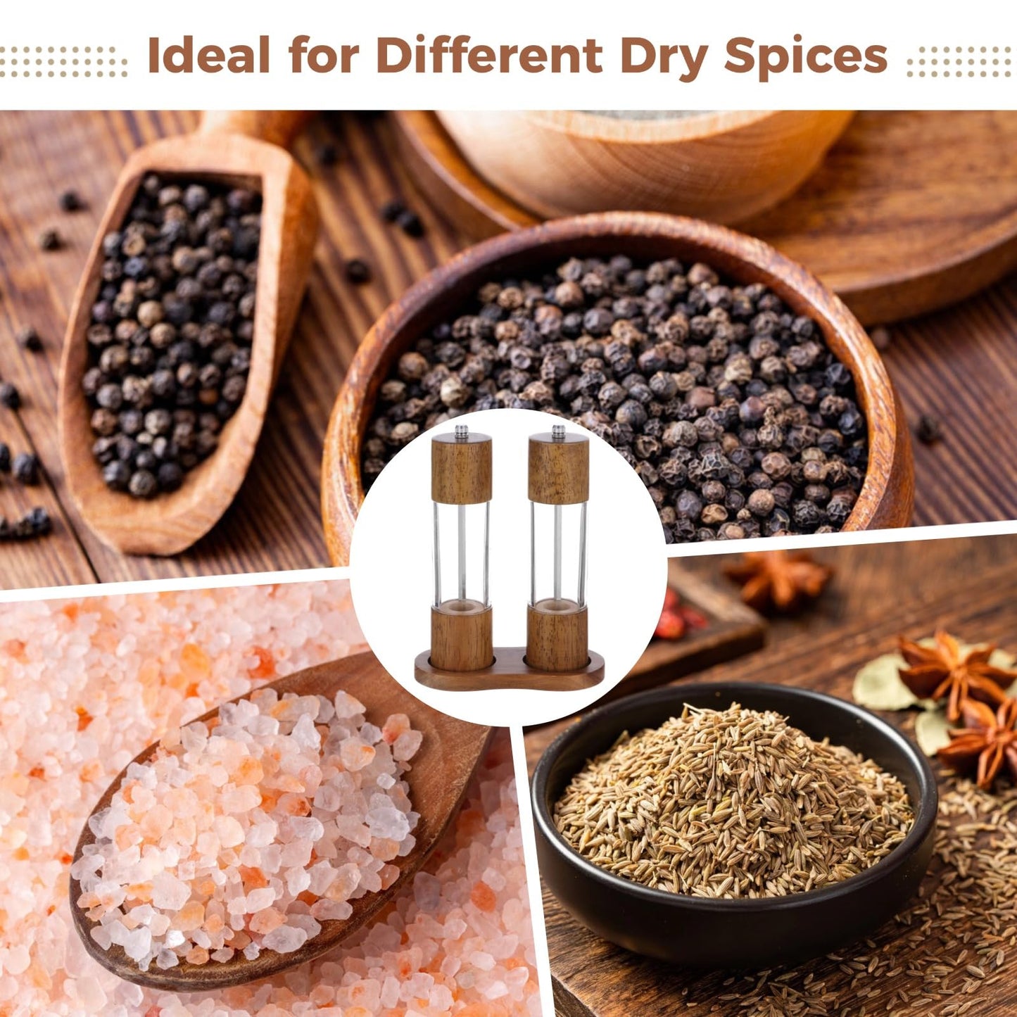 Acacia Wood Salt and Pepper Grinder Set, 2 Pcs 8.5" Wooden Salt and Pepper Shakers, Including Wooden Base, Refillable Spice Wooden Mills, Ideal for Kitchen, Dining Table