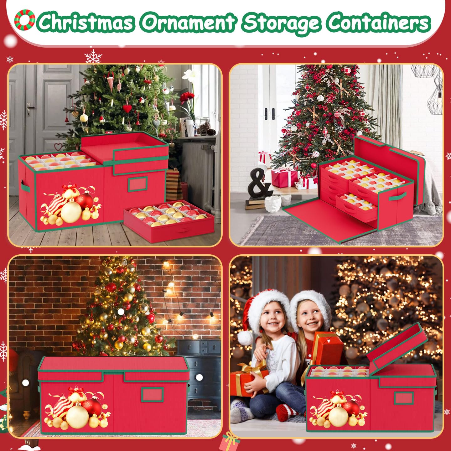 FUHSY Christmas Ornament Storage Box 96-3" Slots Adjustable Dividers Ornament Storage Container Ornament Organizer with Trays Stackable Christmas Storage Bins with Lids Holiday Ornament Boxes