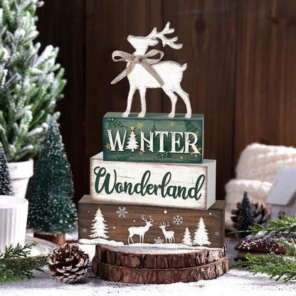 Yousoontic 4 Pcs Winter Decor Woodland Christmas Wooden Sign Blocks Table Centerpiece with Reindeer Snowflakes Trees Rustic Holiday Decorations for Farmhouse Winter Home Indoor