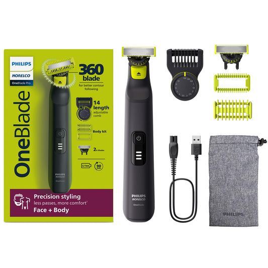 Philips Norelco OneBlade Pro 360 Face + Body, Electric Shaver, Beard Trimmer and Body Groomer, with 360 Blade Technology, 14-Length Precision Comb, Body Kit, Soft Pouch, Model QP6542/70