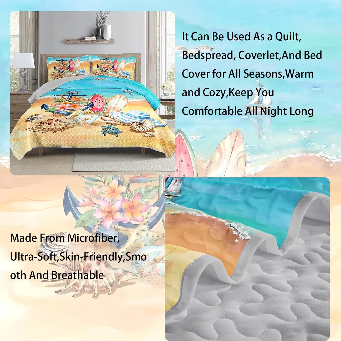 AILONEN Ocean Beach Bedding Quilt Set Queen Size,Tropical Boat Anchor Surfboard Theme Bedspread Coverlet,Blue Soft Lightweight (Quilt,2 Pillowcases)