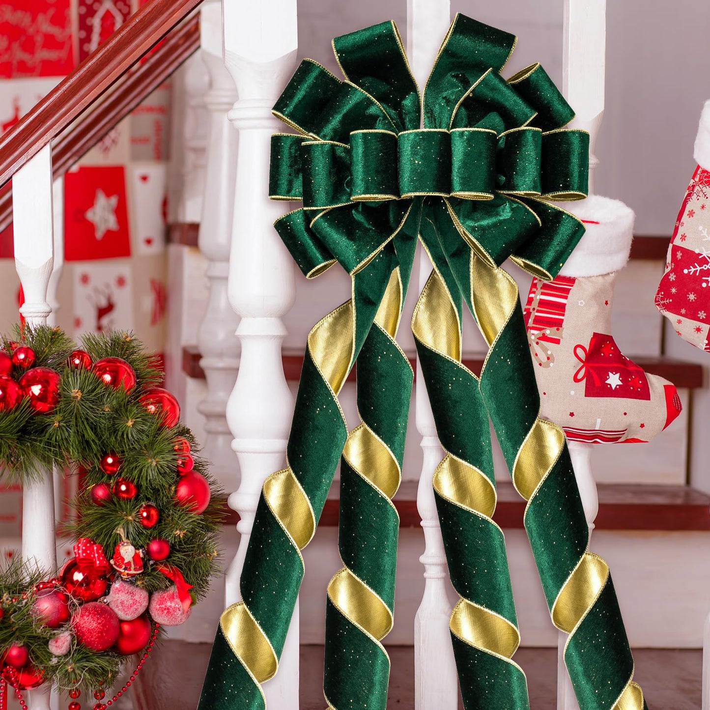 WRAPAHOLIC Large Christmas Tree Topper Bow - 13 x 52 Inch Green Glitter Christmas Tree Topper Ribbon Bow Wreath Bows with Wired Edge for Xmas Ornament Indoor Outdoor Decoration