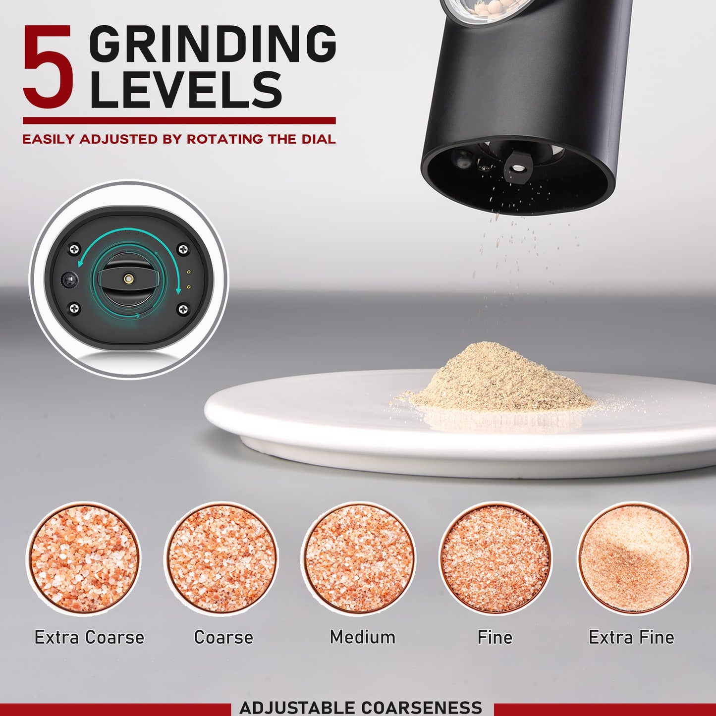 Electric Salt and Pepper Grinder Set of 2, Automatic Pepper Mill,USB Rechargeable, Adjustable Coarseness, One-handed Operation, Ceramic Burr,Refillable, Auto Grinders with Charging Base LED Light