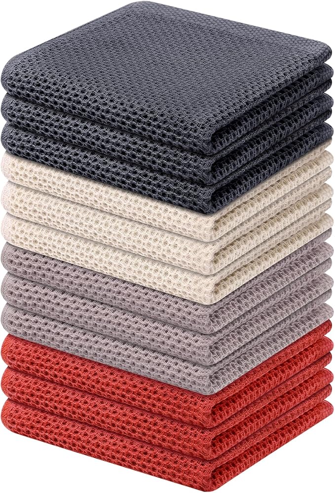 Kitinjoy 100% Cotton Kitchen Dish Cloths, 12 Pack Waffle Weave Ultra Soft
