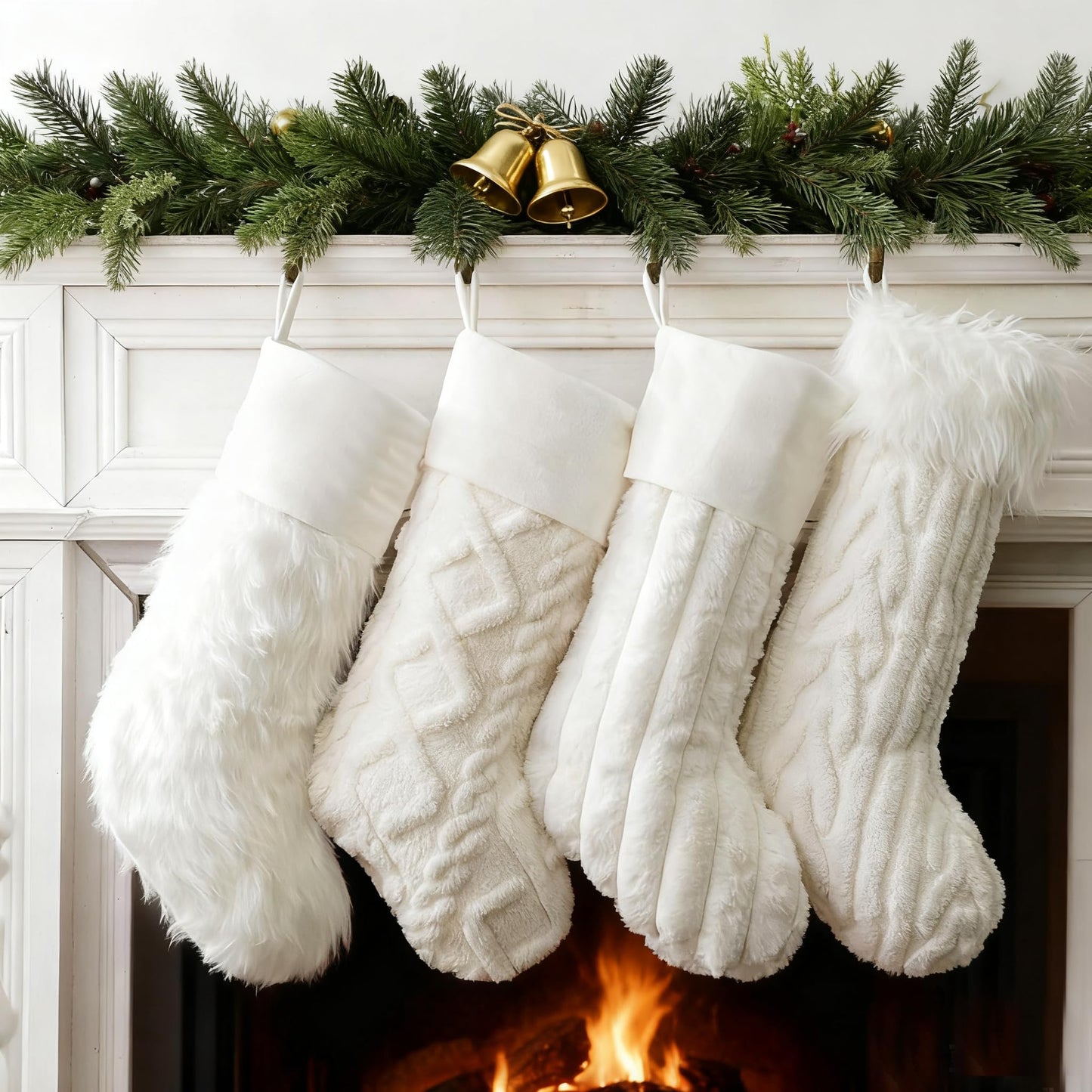 Teeanzo 4 Pcs Christmas Plush Stockings 18 Inch Large Snow White Faux Fur Xmas Stocking with 4 Styles Textured Patterns Holiday Classic Hanging Ornaments Socks for Xmas Home Party Fireplace Decor