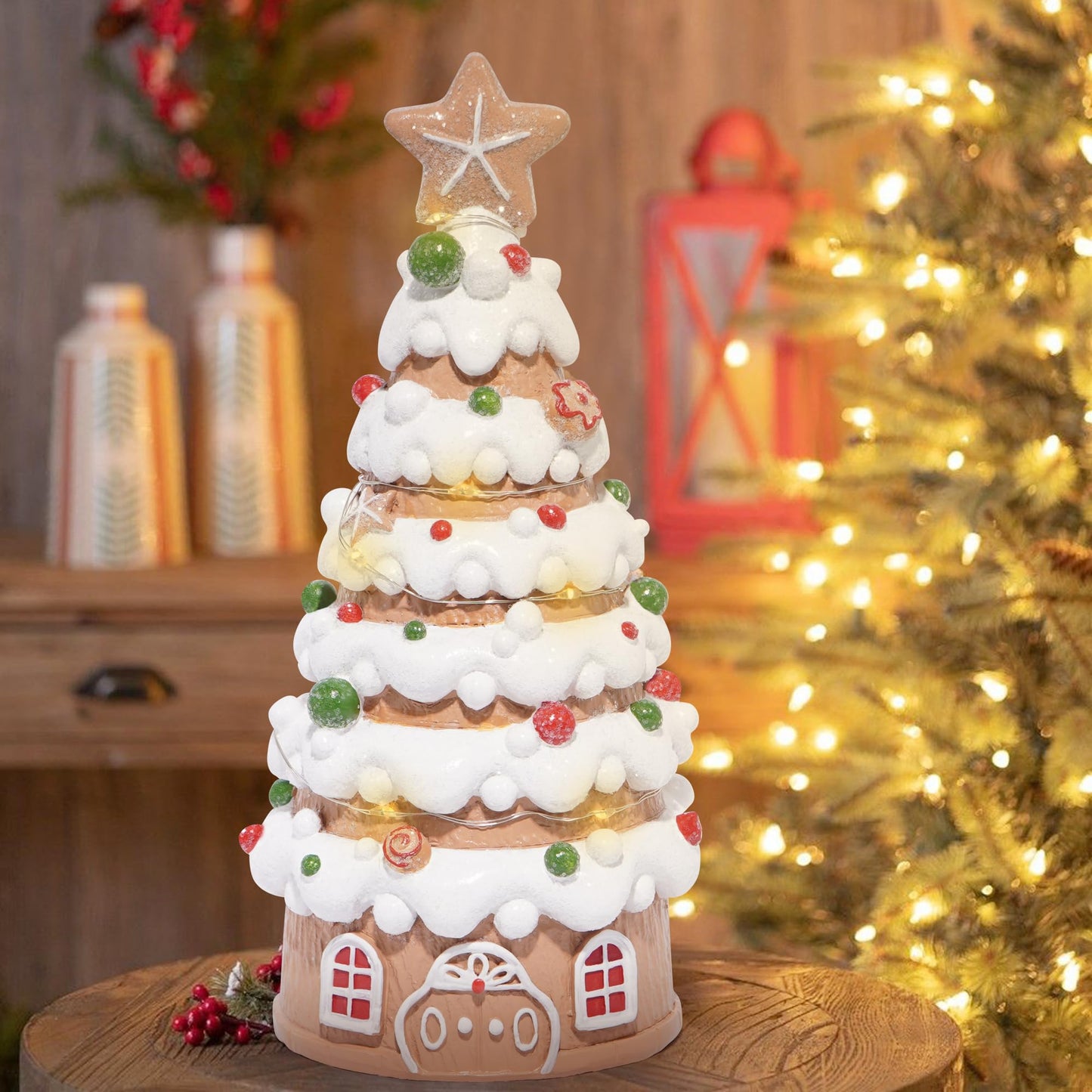 Hodao Christmas Village House Decorations Gingerbread House with Xmas Tree Theme, Battery-Powered (2 AAA) 8.6" H Resin Christmas Tree Decor for Indoor Festive Home or Party (Tree-1)