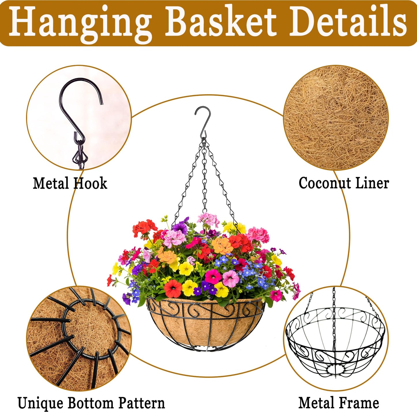 SMYAXUNW 4 Pack Hanging Planters 14 Inch Metal Hanging Planter Basket Flower Pots with Coco Coir Liners Round Wire Plant Holder with Chain for Indoor Outdoor Patio Porch Garden Decoration（HB）