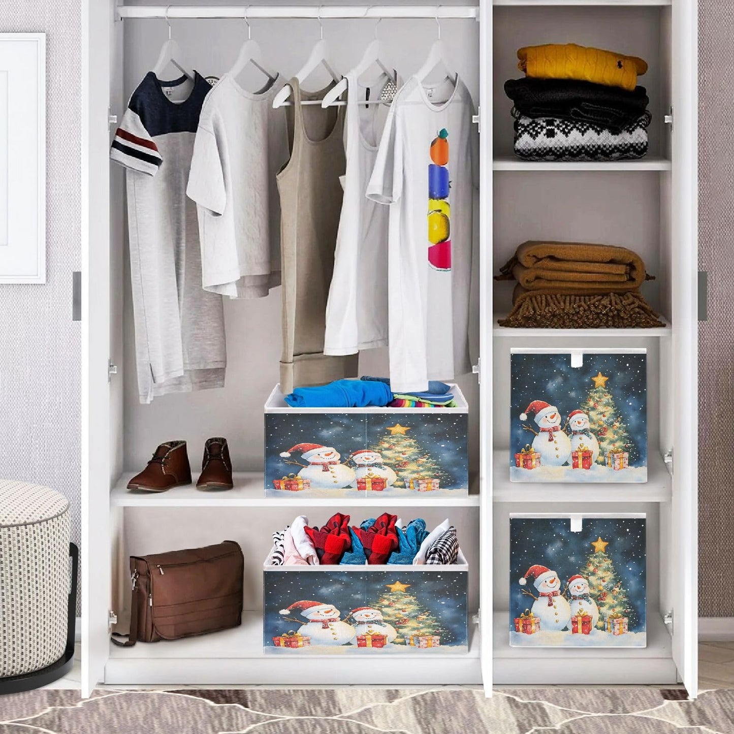 senya Large Storage Bins Two Snowmen Collapsible Foldable Storage Cubes Fabric Basket Closet Organizer Containers Box for Home Bedroom Office 15.7 x 10.6 x 6.9in