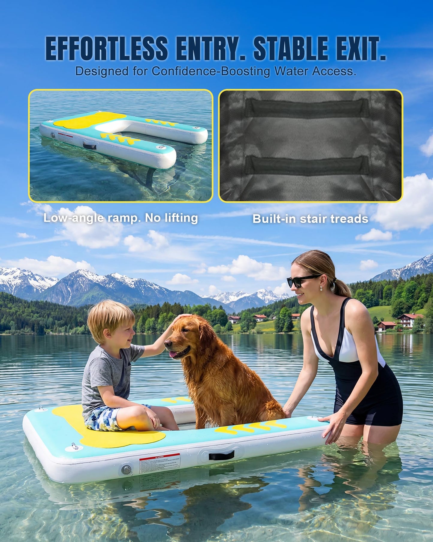 lesotc Inflatable Dog Pool Ramp - 60'' x 40'' Float Dock Platform for Dogs Up to 240 lbs, Non-Slip Floating Platform with Water Ramp for Boat, Pool, Dock, Lake