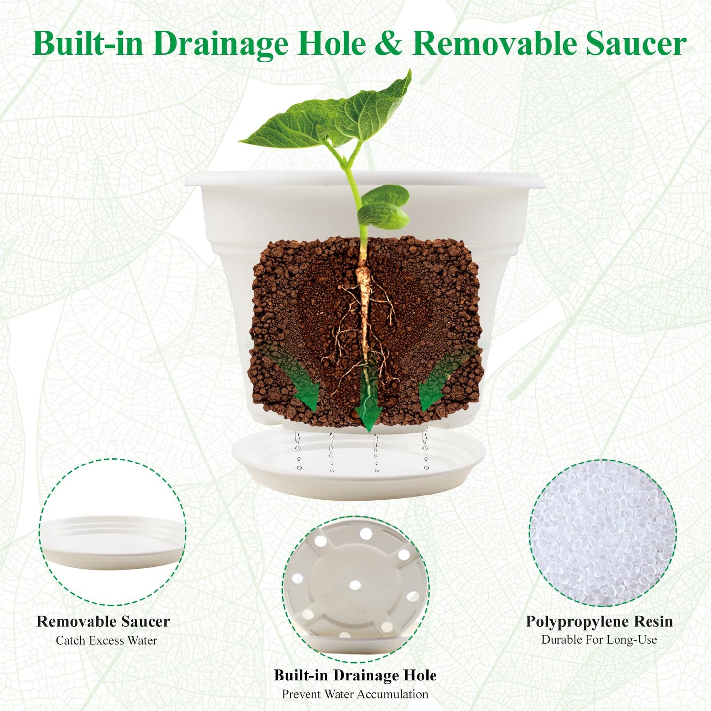 Pottiffe 11 Inch Plastic-Flower-Pot-for-Indoor-Plants, 4 Pack Large Outdoor Planter Pot with Drainage Holes & Saucers, Resin Decorative Garden Pots Planters