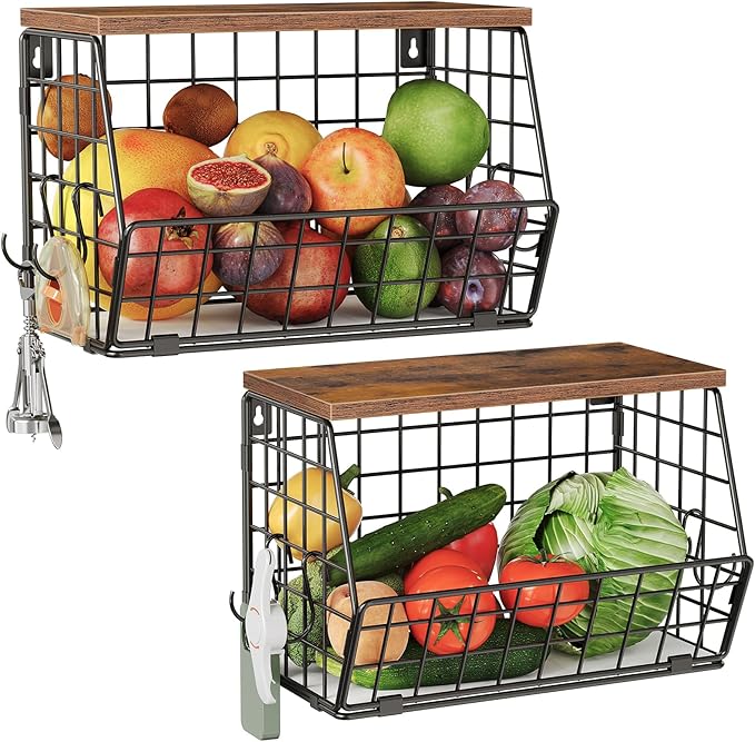 2-Tier Fruit Basket for Kitchen, Stackable Hanging Basket Wire Baskets