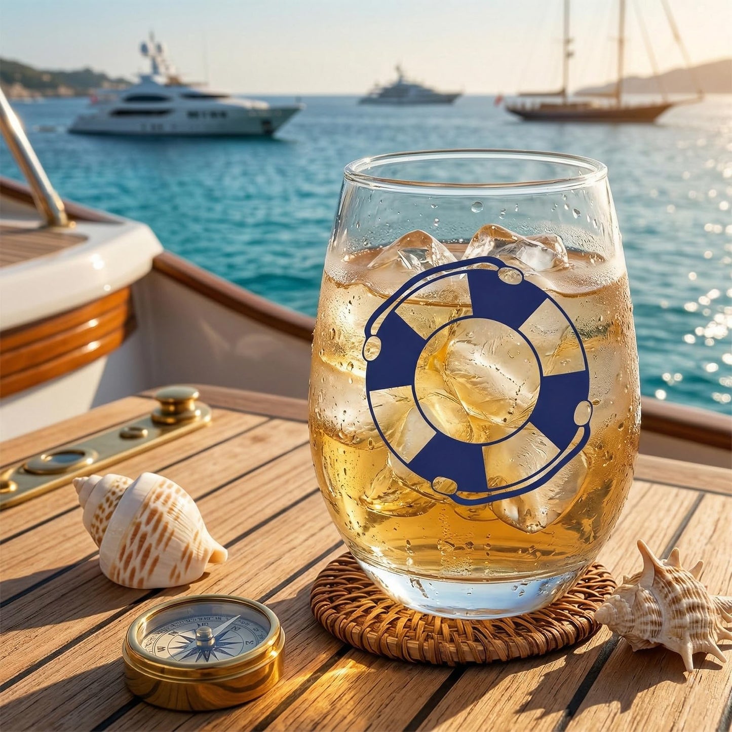 Nautical Stemless Wine Glasses Set of 4, Nautical Decor for Boaters, Sailors Birthday Gift, Anchor Compass Life Ring Helm Beach House Glasses 15oz, Coastal Ocean Marine Glasses for Wine or Cocktail