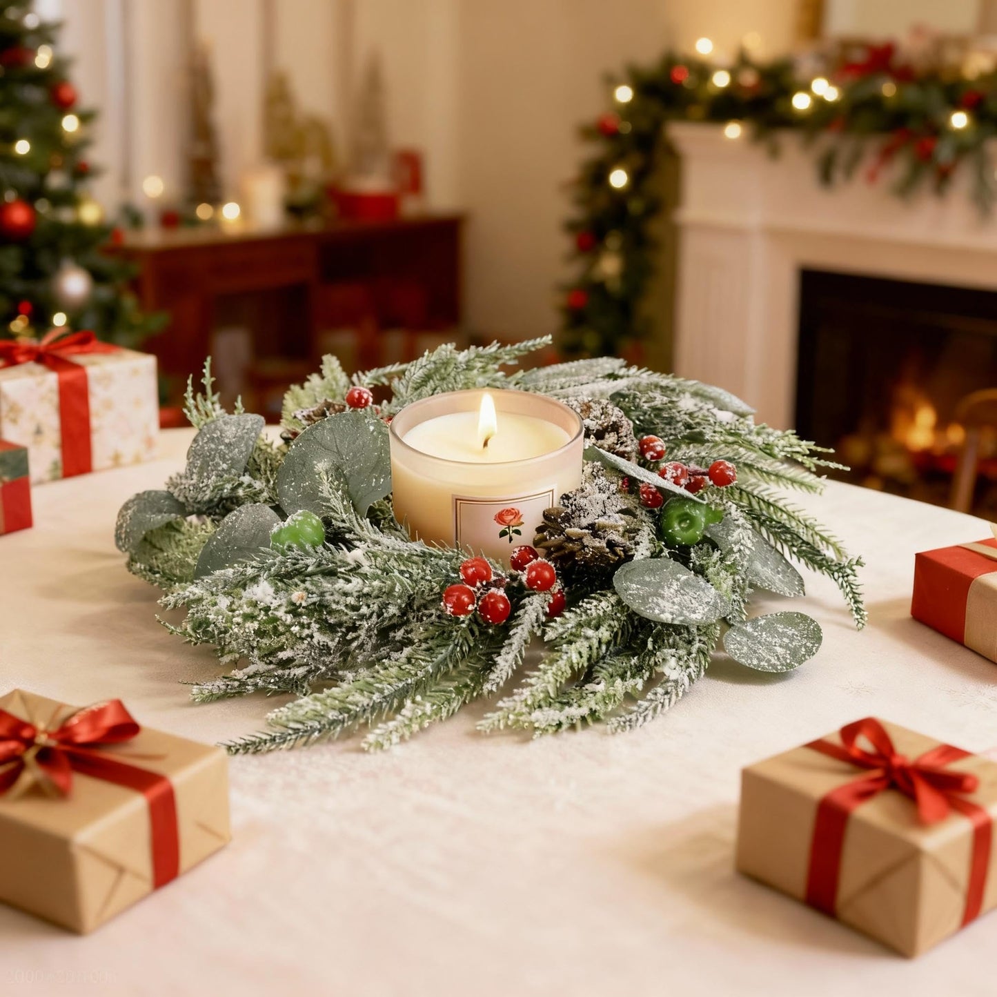 Christmas Candle Rings Wreaths,Snowy Norfolk Pine Garland Red Green Berry Eucalyptus Leaves Pinecones Wreaths,Pillar Candle Rings for Home Christmas Table Centerpiece Decorations