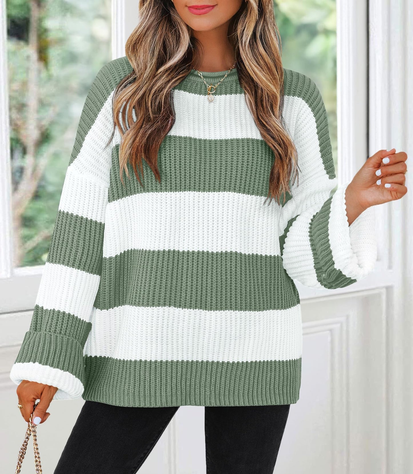 ZESICA Women's 2025 Fall Long Sleeve Oversized Striped Color Block Comfy Loose Crew Neck Knitted Pullover Sweater
