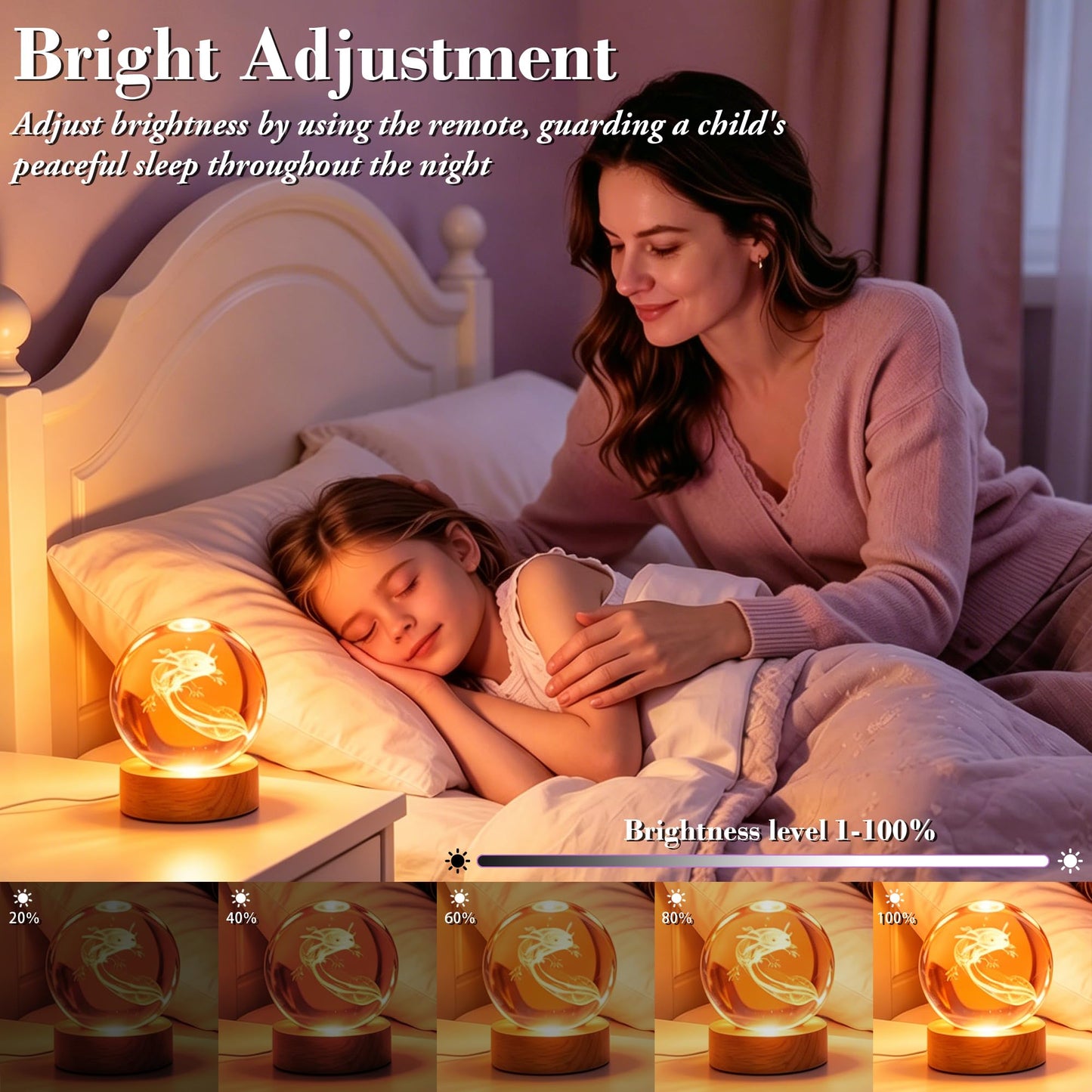 Ddlisu Axolotl Night Light, 3.15 inch 3D K9 Crystal Ball Lamp, 16 Colors Change, Wooden Base, Axolotl Lamp with Remote Control, Birthday Holiday Gifts for Boys Girls Friends